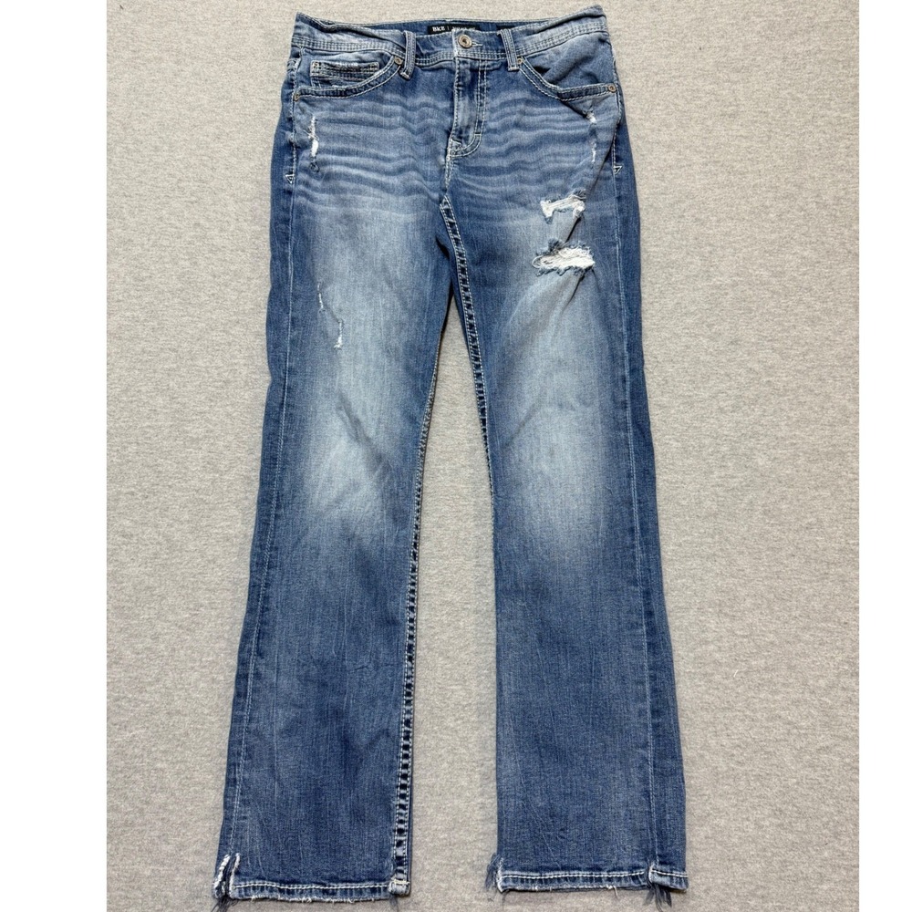 BKE Jake Straight Mens 32x32 Distressed Blue Jeans Heavy Stitch Frayed